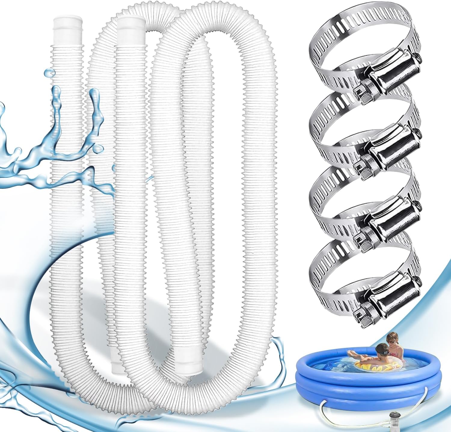 Lot De 2 Tuyau Piscine,Tuyau 32mm,Tuyau Aspirateur Piscine,Tuyau Pompe Piscine Avec 4 Pince Fixe