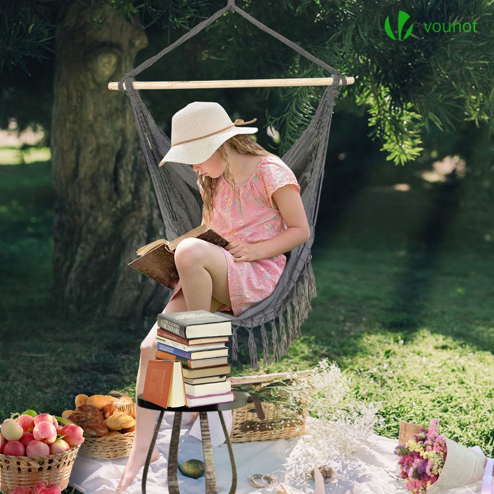 VOUNOT® Chaise hamac suspendue à franges - siège balançoire en coton doux avec 2 coussins - portable pour intérieur et extérieur - gris - 8