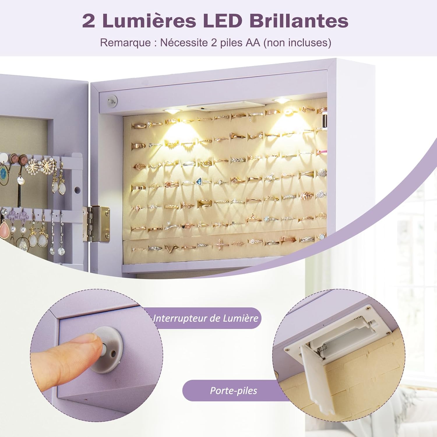 Armoire à Bijoux avec Miroir, Armoire a Bijoux Murale avec Éclairage LED, 2 Tiroirs, Fixer au Mur ou à Suspendre sur Porte (Violet) - 7