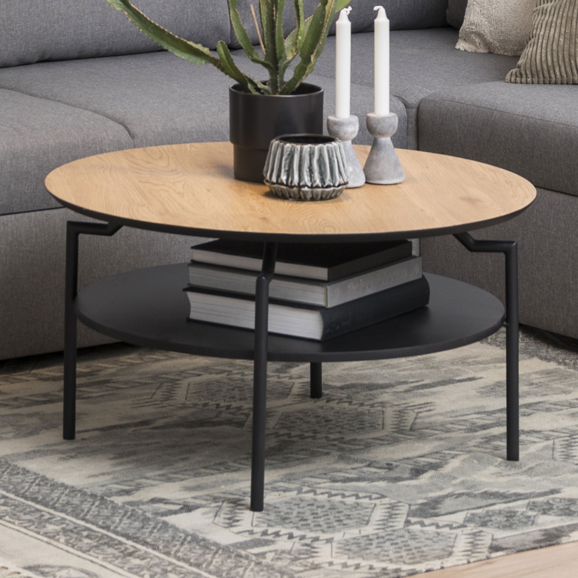 Stolik kawowy okrągły Goldington ACTONA nowoczesny z półką do salonu naturalny/czarny 80 cm 1 szt.