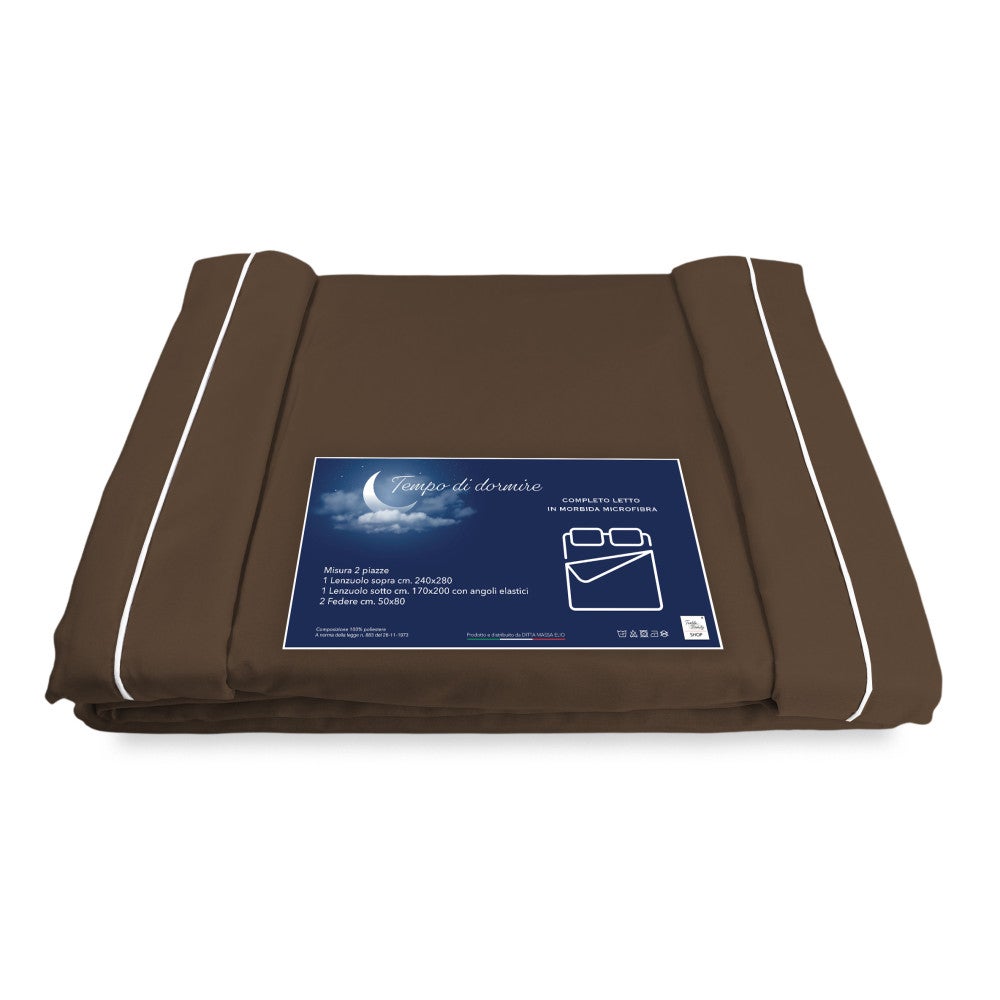 COMPLETO LENZUOLO in morbida microfibra TINTA unita MARRONE Matrimoniale 2 PIAZZE no stiro - 4