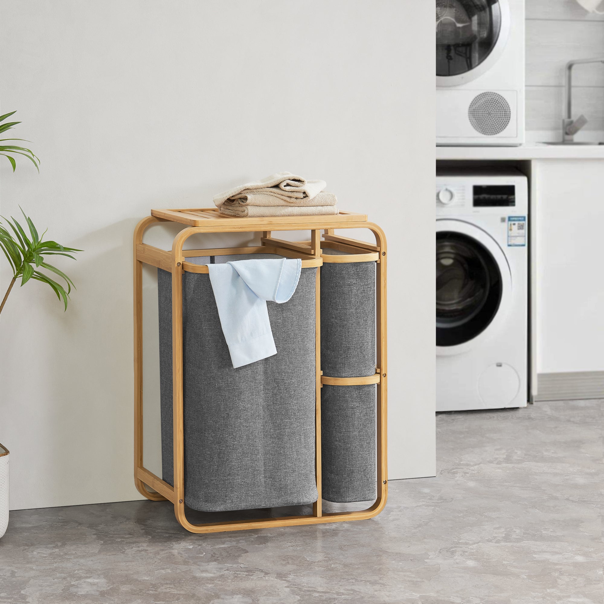 Cesto Portabiancheria In Bambù Naturale, 3 Vani Con Sacco Lavabile, Grigio, Misura 60x60x40 Cm, Pieghevole