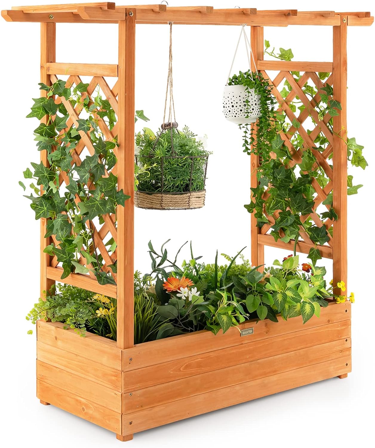 Podwyższona grządka z kratką dla roślin pnących i wiszącym dachem, do ogrodu, na podwórko, taras, donica na rośliny z drewna, pomarańczowa