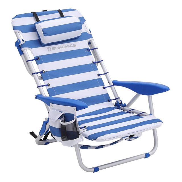 Chaise de Plage Portable,Pliable, Dossier Inclinable jusqu'à 180°, Rayures Bleu et Blanches