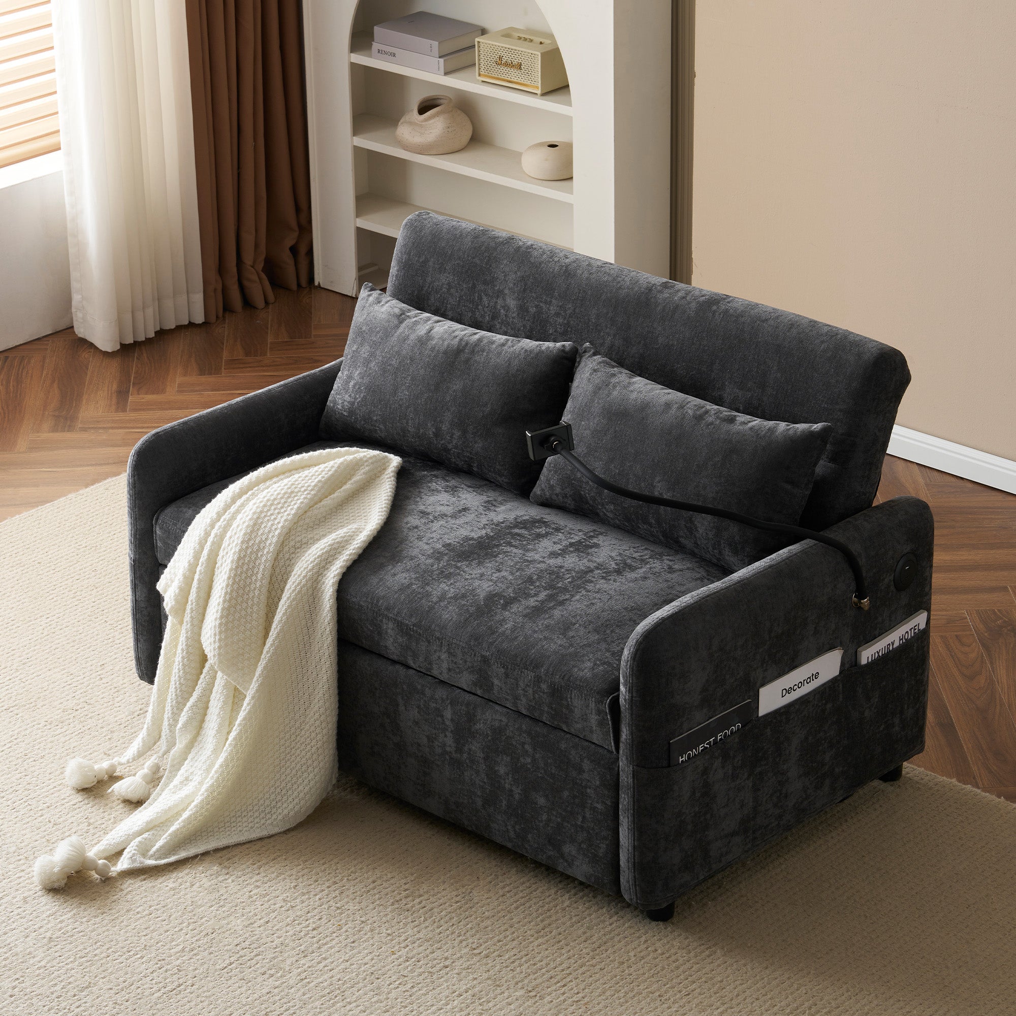 Canapé convertible 2 places avec dossier réglable - Support et prise USB - Tissu chenille - Fonction sommeil - Gris - 4