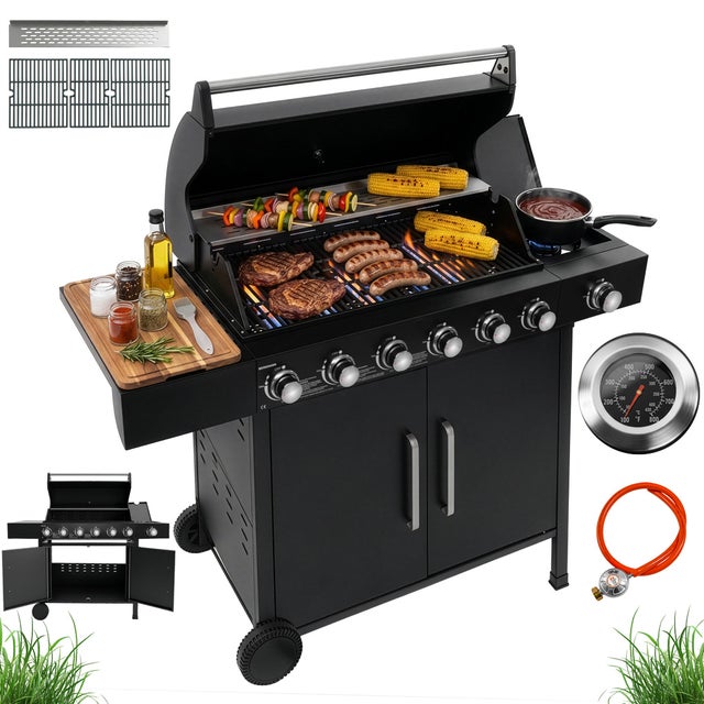 Grill gazowy 22,6kW BERGMANN 7 palników żeliwny ruszt stolik boczny termometr w pokrywie reduktor + wąż gazowy czarny 1szt.