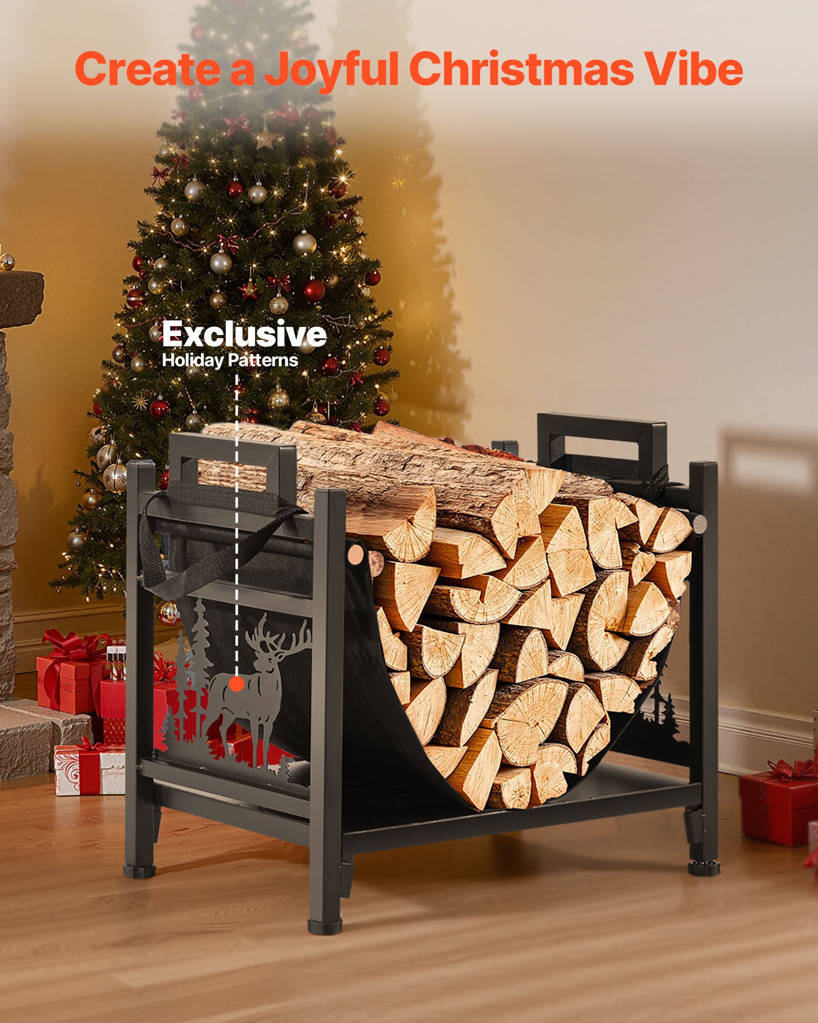 Support à bois VEVOR chauffage d'intérieur, range-bûches incurvé 450 x 315 x 415 mm, avec support en toile, charge 18,1 kg, en acier thermolaqué - 6