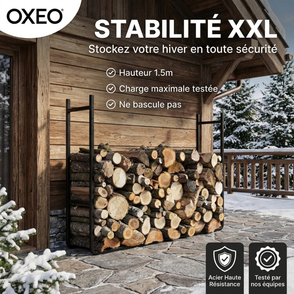 Range bûches XXL extensible - Range bois grande hauteur grosse capacité - Hauteur 1.5 m - Acier revêtement époxy - 2