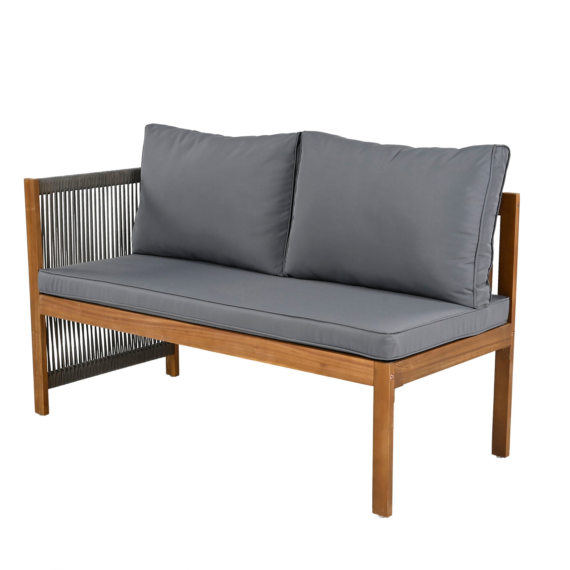 Ensemble de salon de jardin 5 places, canapé d'angle + table basse, structure en acacia, en corde tressée, gris - 5