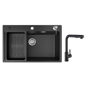 Cecipa max Evier 1 Bac en Quartz et Résine avec Panier de Vidange et Distributeur de Savon 70x45cm + Mitigeur Cuisine avec Douchette Extractible Noir