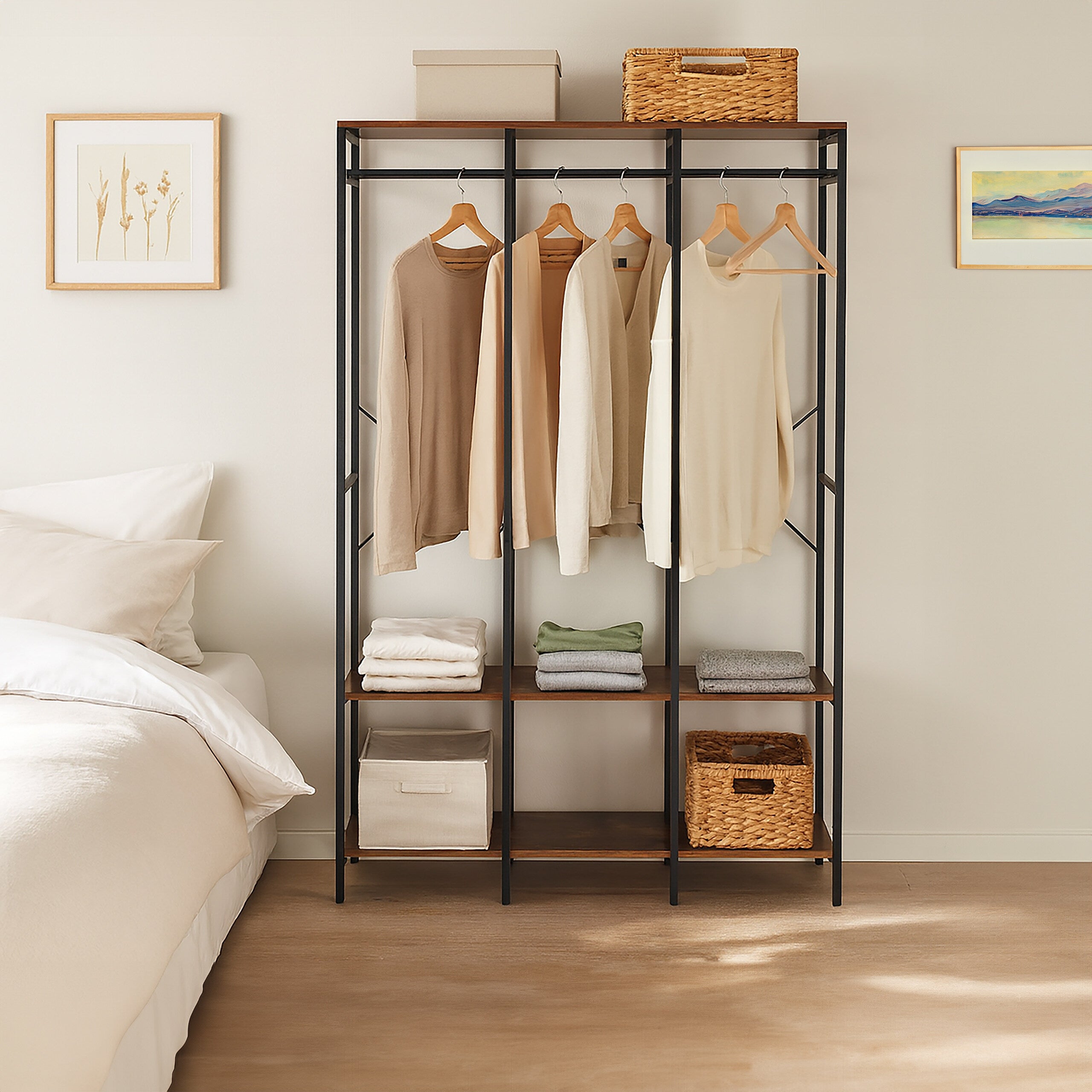 Cabideiro, aberto, armário, prateleiras e barra, 180 x 141 x 40 cm, cabideiro, metal, preto/castanho, Relaxdays - 2