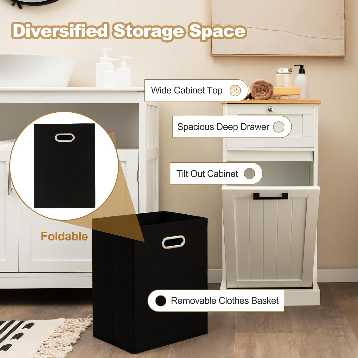 Meuble Salle de Bain avec Panier à Linge, avec Tiroir, Armoire Inclinable & Panier à Linge 38L avec Poignée Portable, 40x37x82 cm (Blanc) - 8