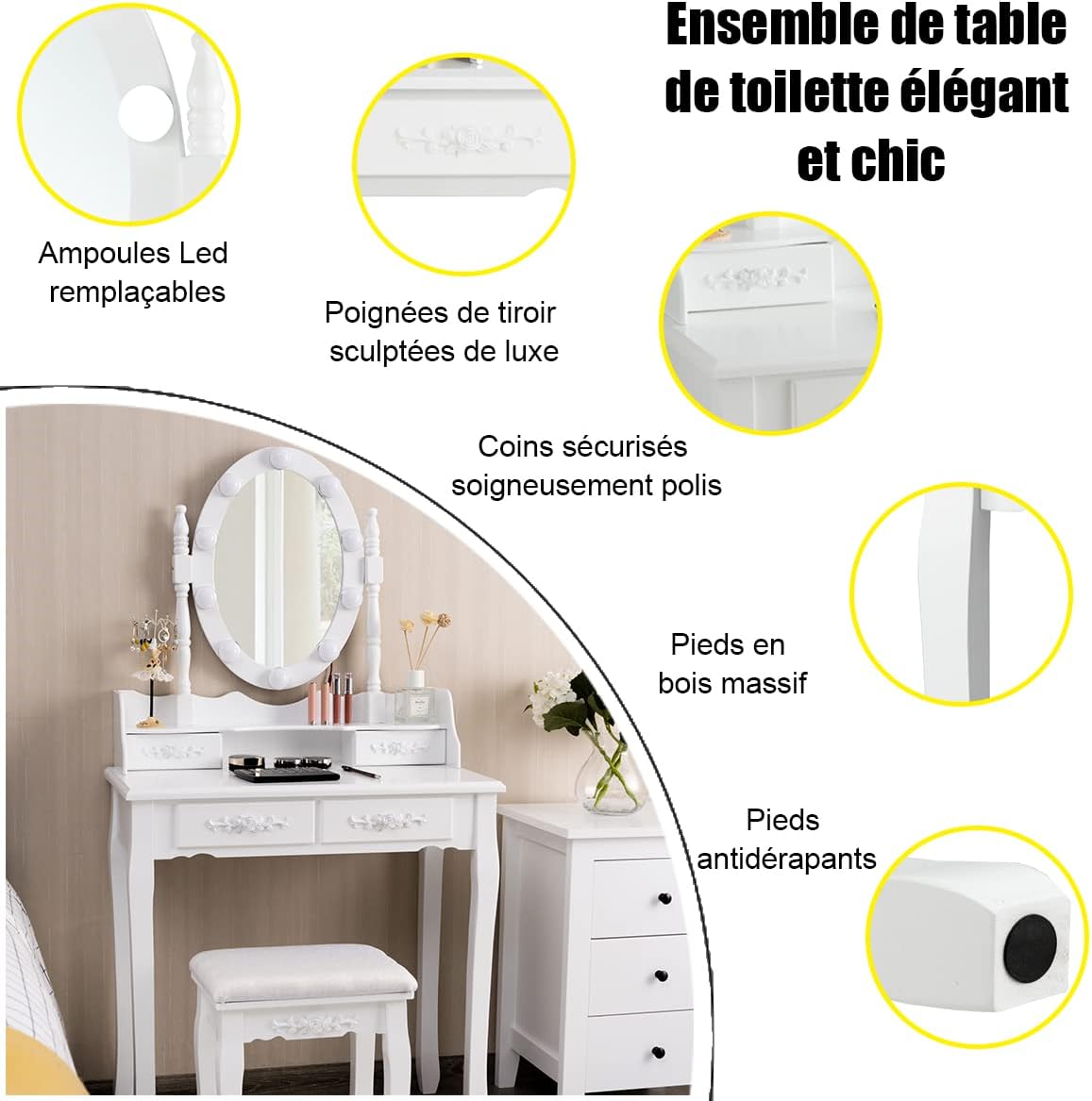 Toeletta da Trucco con 10 Luci LED, Tavolo da Trucco con Specchio Ovale Illuminato, Toeletta con 4 Cassetti e Sgabello Imbottito per Camera da - 2