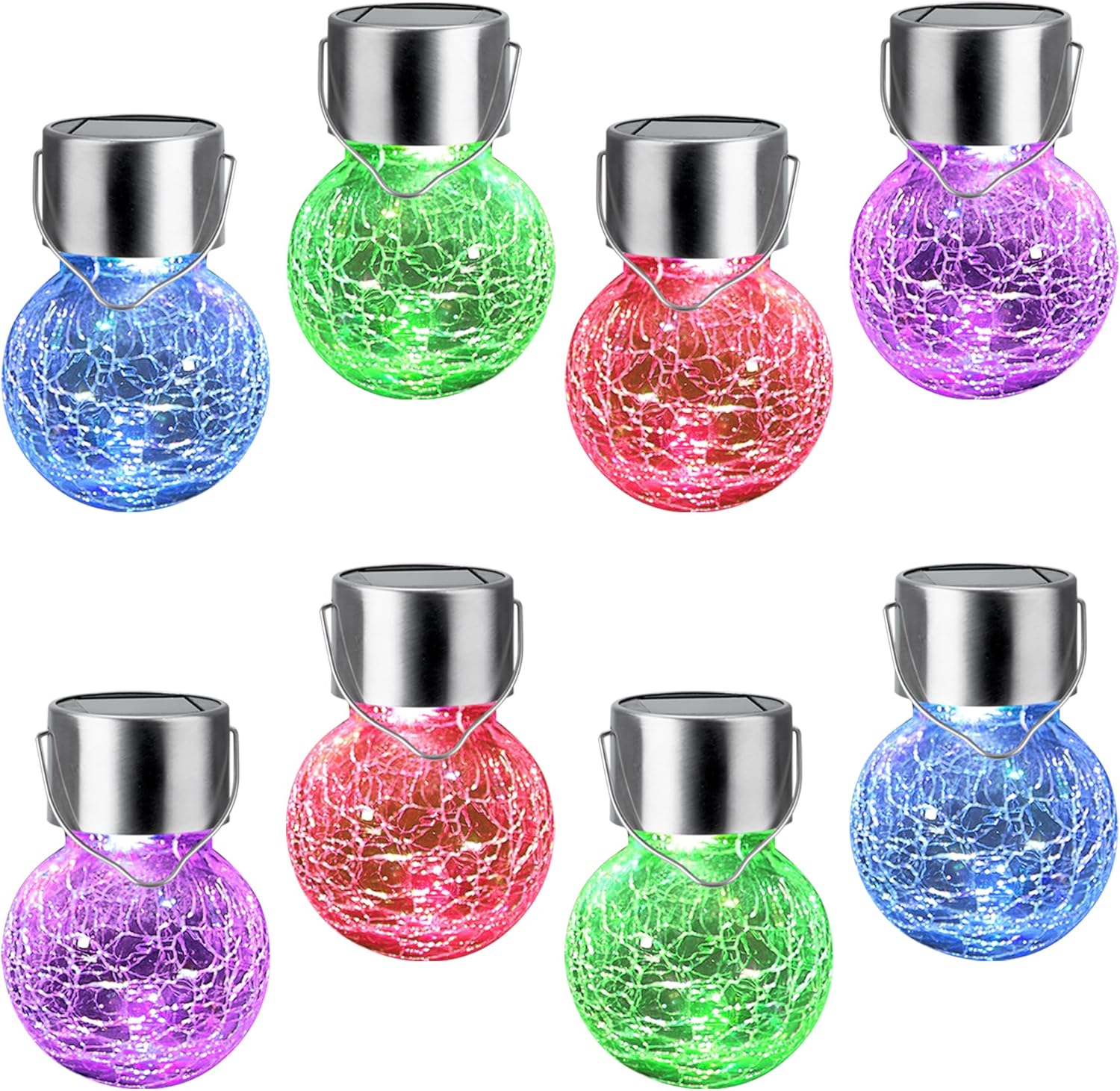 8 Luci Solari A Sospensione In Vetro Incrinato – Led Multicolore, Alimentazione Solare, Impermeabili, Con Manico Per Patio E Giardino - 3
