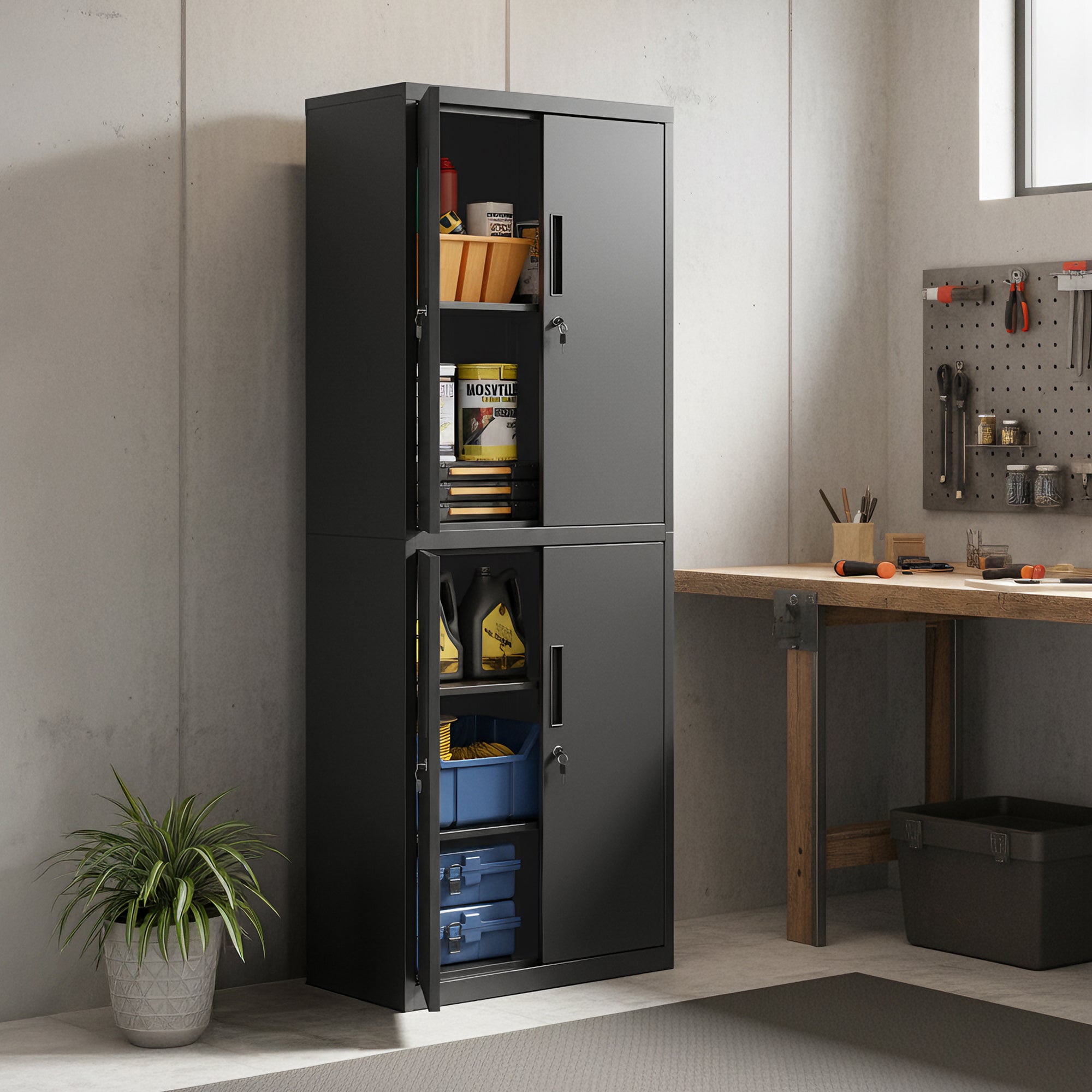 Armoire pour Bureau, Atelier, Garage, avec 5 Étagères et 4 Portes, Étagères Réglables, en Métal, Noir - 2