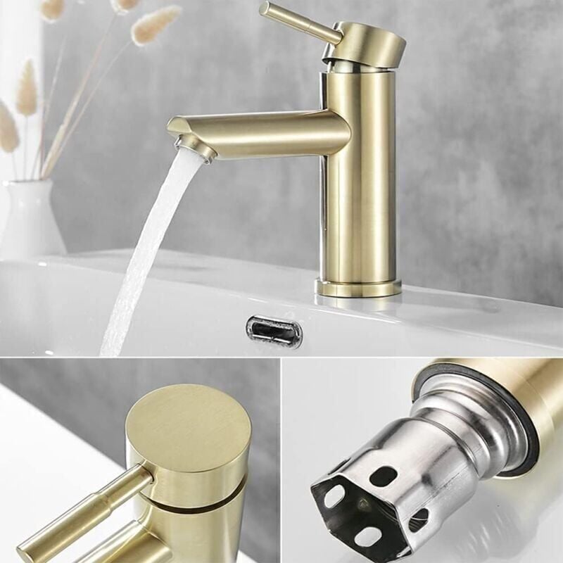 Mitigeur Lavabo Moderne en Laiton Doré Brossé - Design Élégant pour Salle de Bain,Robinet Eau Chaude et Froide avec Valve Céramique - 2