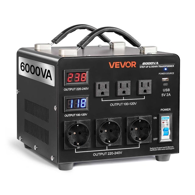 Transformador conversor automático de voltagem VEVOR 6000VA 110V para 220V e 220V para 110V com 3 fichas EUA, 3 fichas UE
