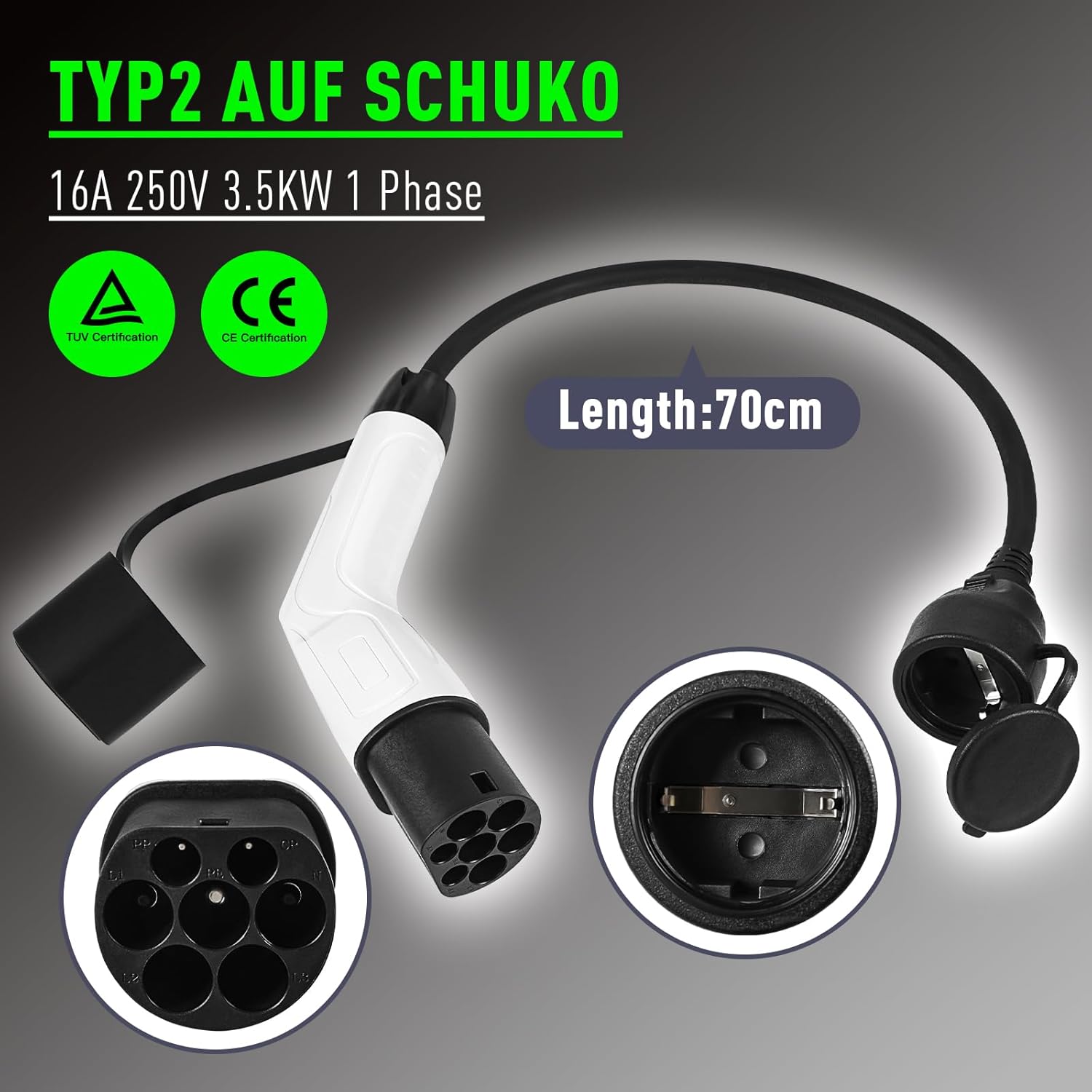 Du00e9 Adaptateur Type 2 Vers Schuko 16A 3m Chargement Facile Aux Bornes De Recharge/Wallbox 230V