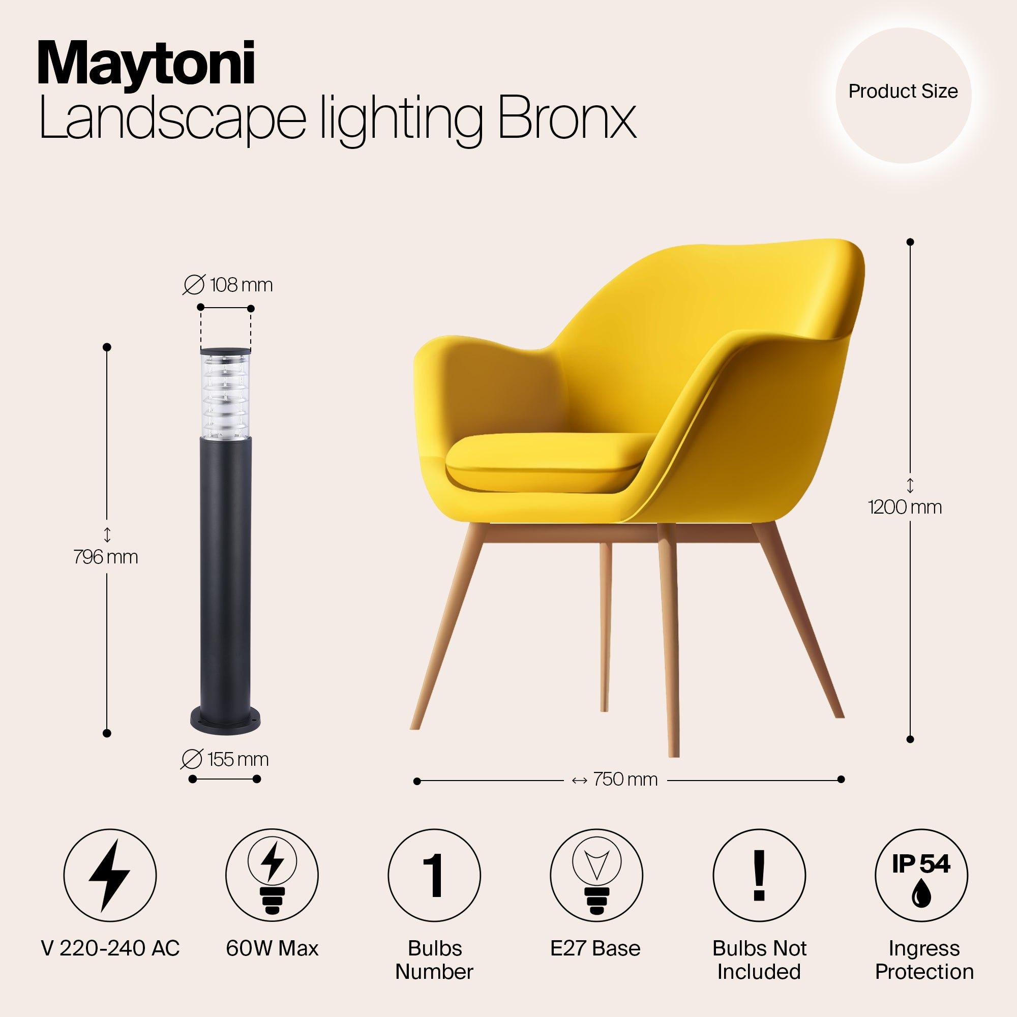 Lampione da esterno, paletto luminoso, 1 lampada, piantana, stile moderno, struttura in alluminio , plafoniera in vetro cilindrico nero Maytoni - 3