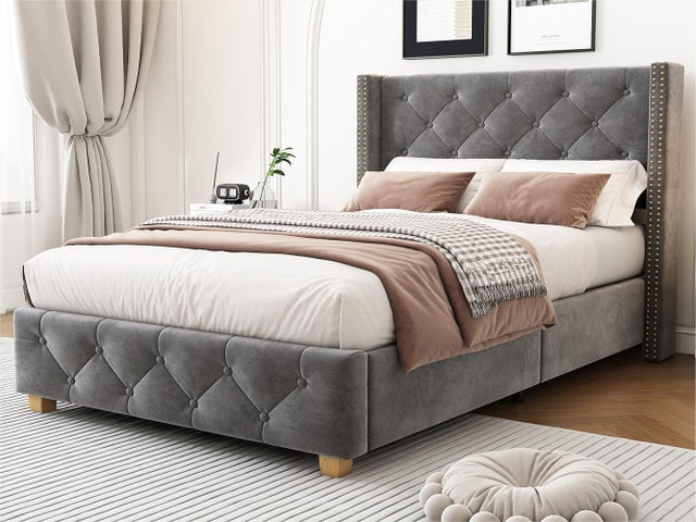 Lit 90x200cm rembourré en velours - avec sommier à lattes - Gris