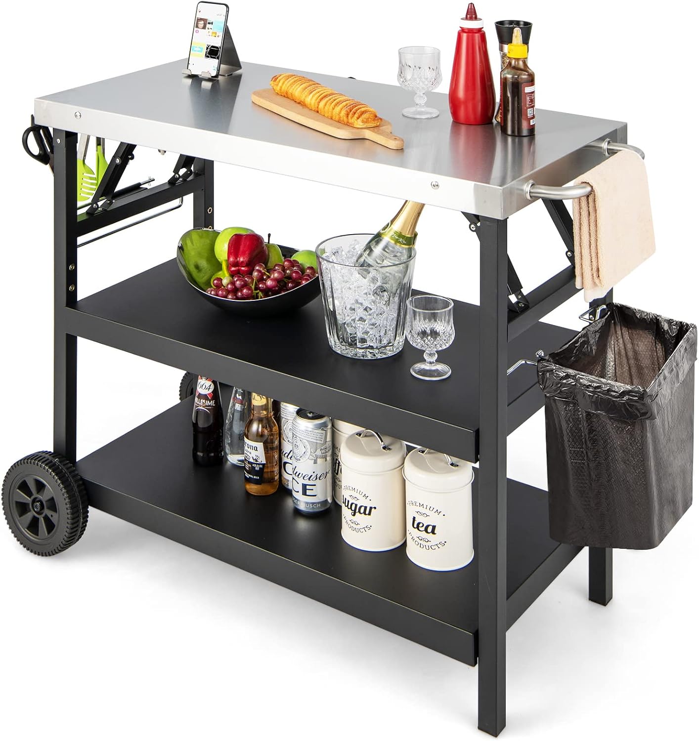 Wózek Ogrodowy, Mobilny Wózek do Grillowania z 3 Poziomami, Regulowane Regały, Uchwyt na Przyprawy, Uchwyt na Serwetki, Haczyki do Wózka