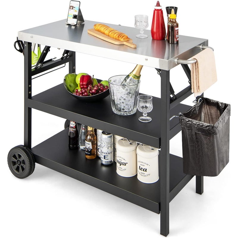 Wózek Ogrodowy, Mobilny Wózek do Grillowania z 3 Poziomami, Regulowane Regały, Uchwyt na Przyprawy, Uchwyt na Serwetki, Haczyki do Wózka