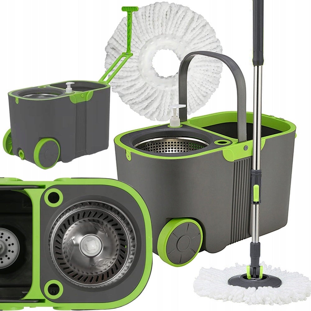 Kit Balai Serpillère Et Seau à Essorage Pédale - Rotatif 360° - 2 Têtes Microfibre Lavables - Nettoyage Sol Sans Se Baisser
