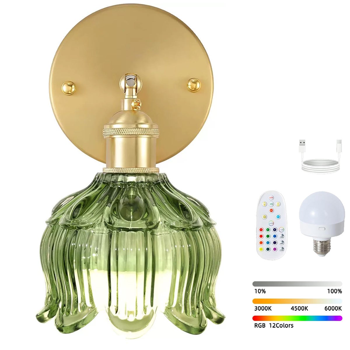 Bezprzewodowa lampa ścienna LED z pilotem, lampka nocna ładowalna, ściemnialna, zmiana koloru RGB, 3000K-6000K, z żarówką