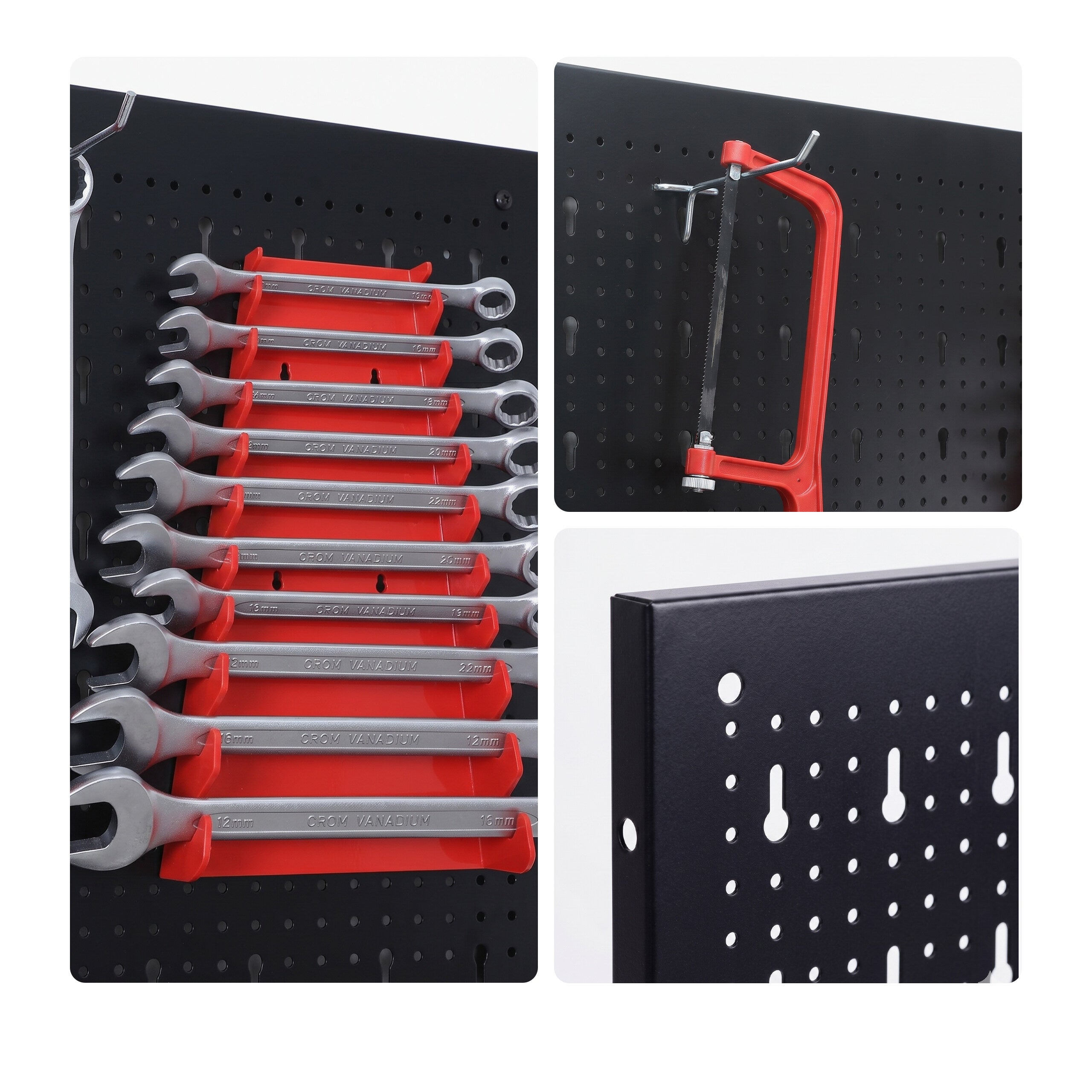 Panneau porte-outils 6 panneaux perforés, 58 accessoires, HxL 60x40 cm, métal, pour atelier, noir/rouge, Relaxdays - 9