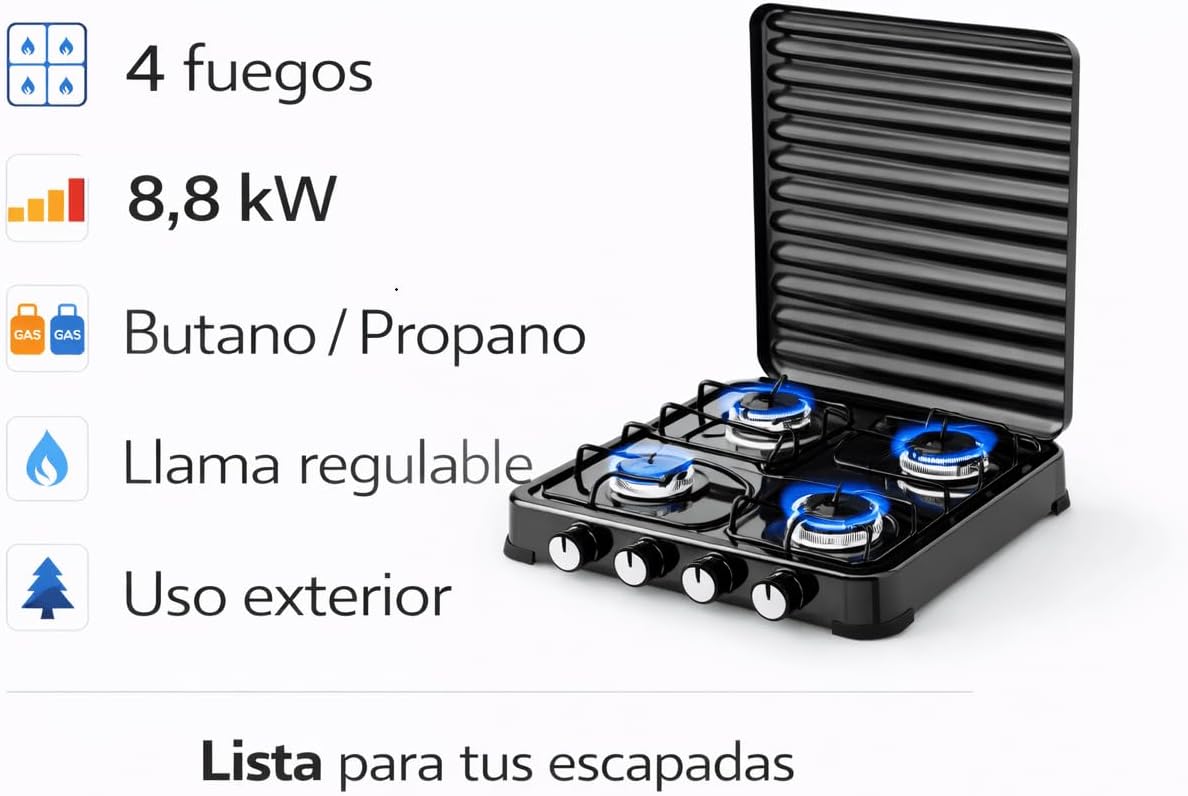Fogão a Gás Portátil 4 Bocas (4 Queimadores) 8,8 kW · Camping Exterior · Para Butano e Propano · Tampa rebatível · Chama regulável - 3