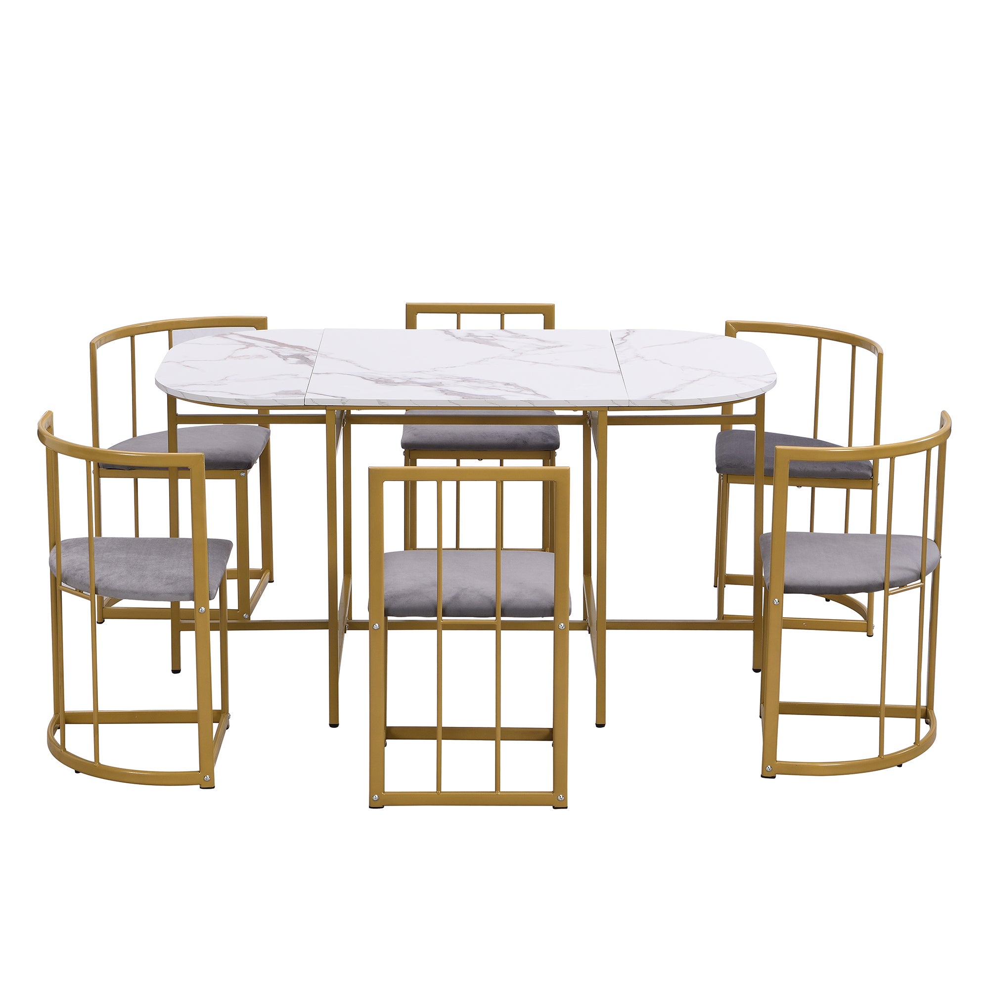 Set tavolo ovale + 6 sedie da pranzo - velluto e metallo dorato - stile moderno - bianco + oro - 2