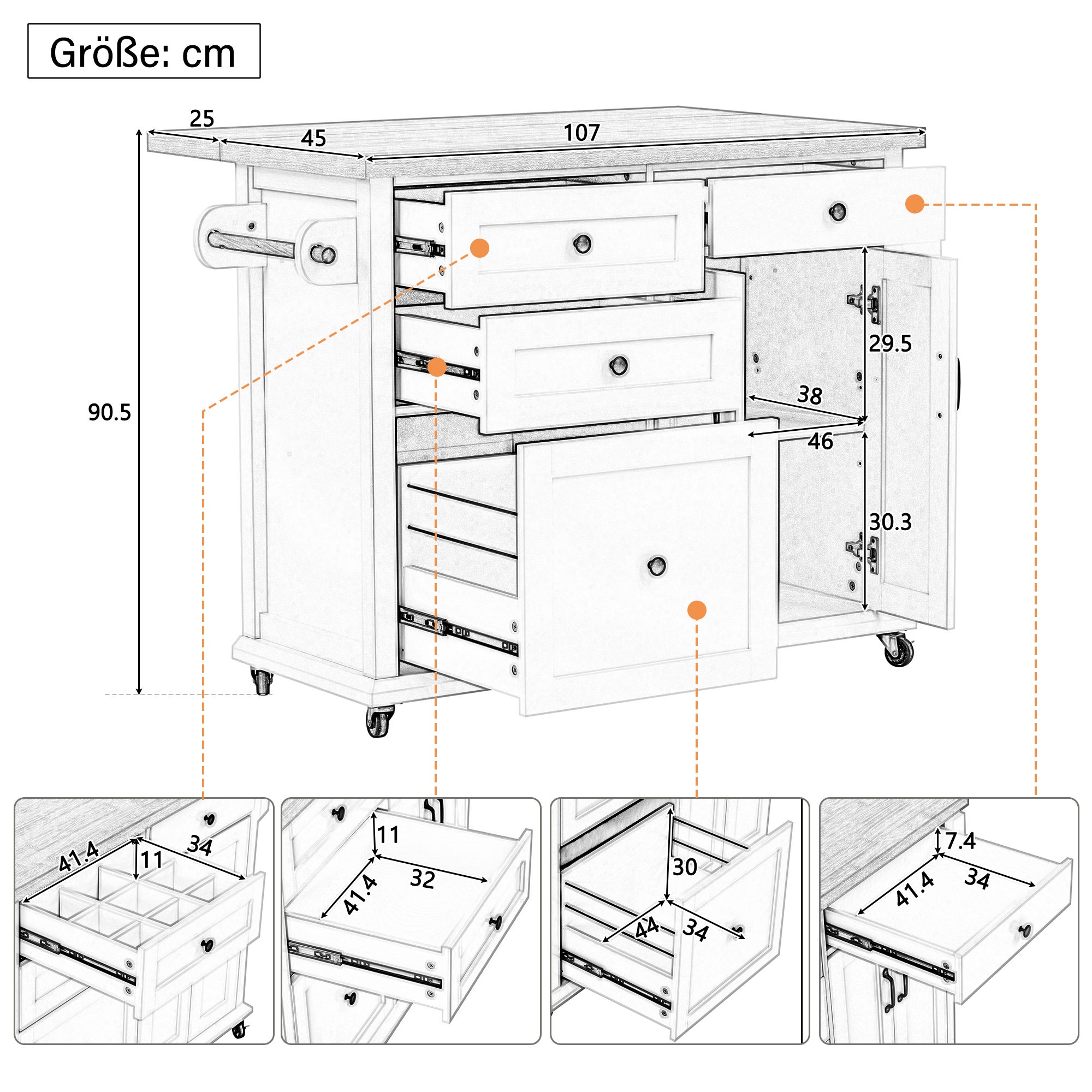 Mobilna wyspa kuchenna z 3 szufladami i 3 drzwiami - 107 x 45/70 x 90 cm - MDF - Rozkładany blat - Biały + naturalny - 4