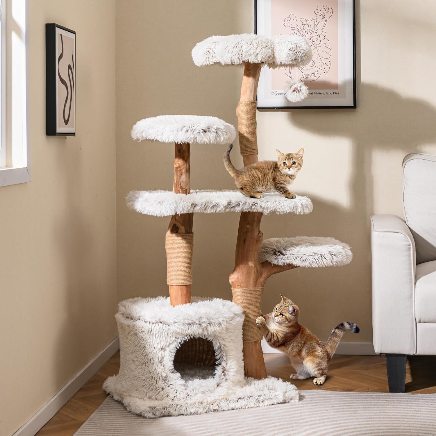 Árvore para Gatos de Madeira Natural de 135 cm, Árvore para Gatos de 5 Níveis com Postes de Arranhadores, Poleiro de Flores de , Condomínio, B - 2