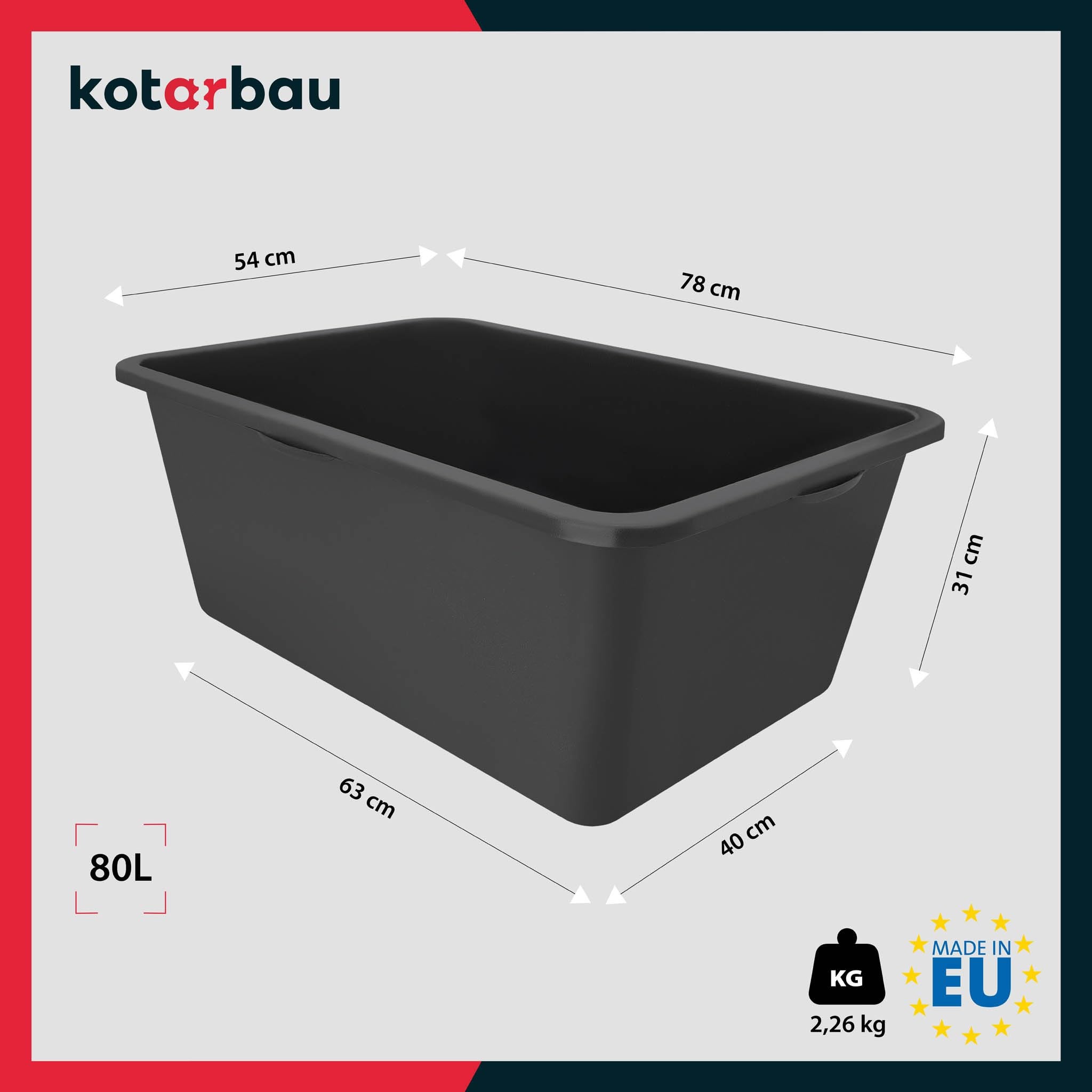 Auge de Maçon - Seau Plastique - 80 L - 78x54x31 cm - Bac À Mortier - Rectangulaire - Noir KOTARBAU - 2