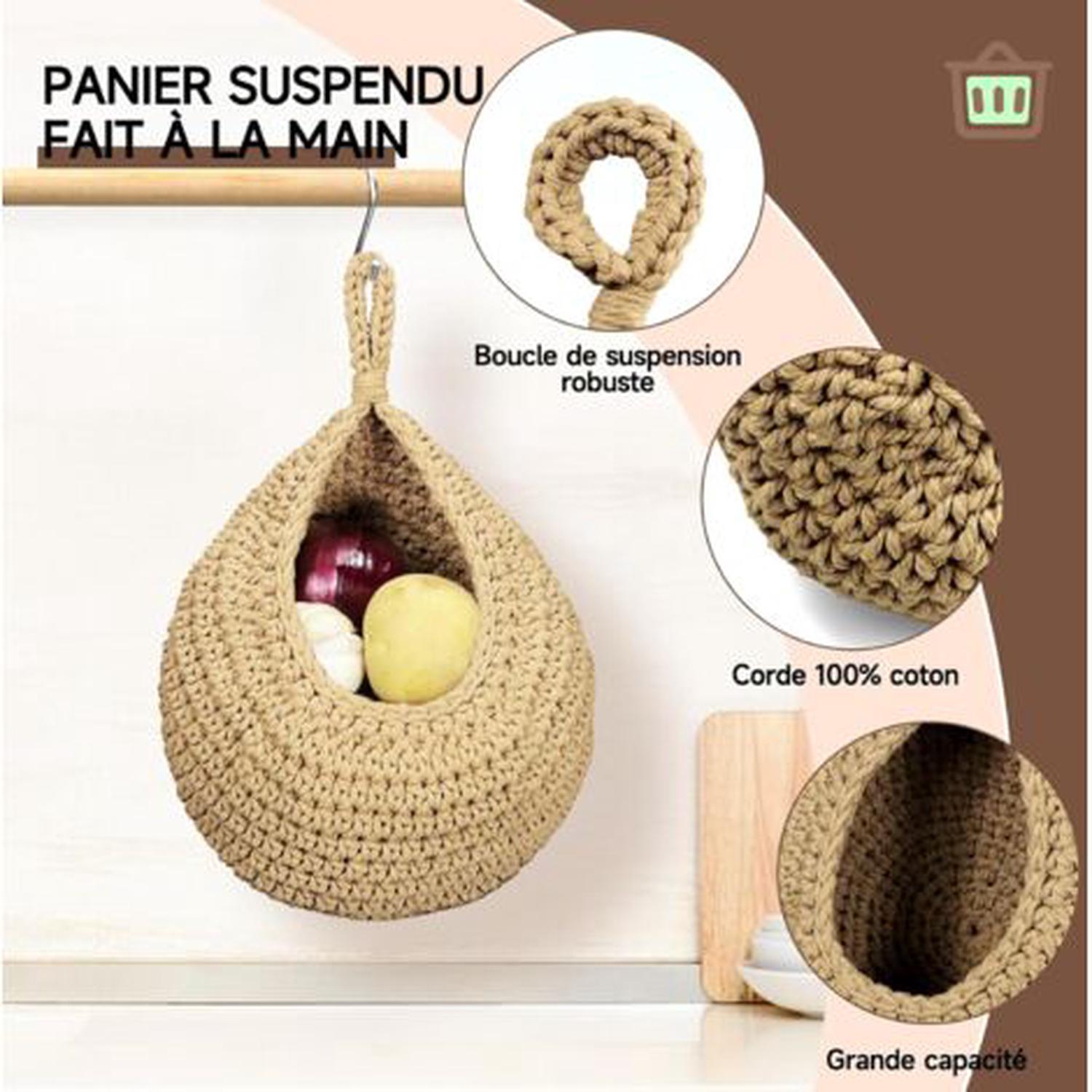 Panier mural en jute tressé à la main – Lot de 3 paniers suspendus en forme de goutte d'eau – Rangement fruits et légumes pour cuisine et salon - 4