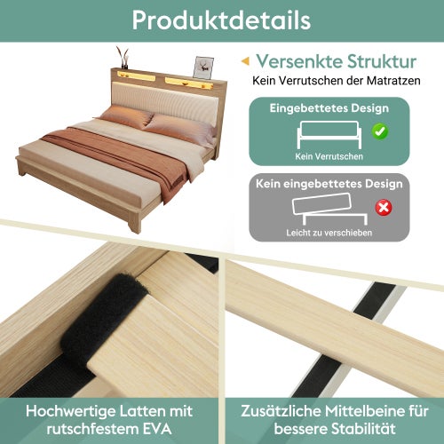 Lit adulte Lit double 180x200 cm avec tête de lit rangement et éclairage LED - Rétro en tissu - Structure bois -beige - 8