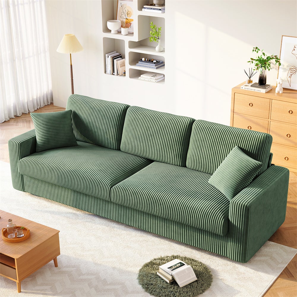 Grand Canapé 3/4 Places en Velours Côtelé Vert avec 2 Oreillers et Coussins,Canapé Modene pour le salon,254×89×88cm - 2