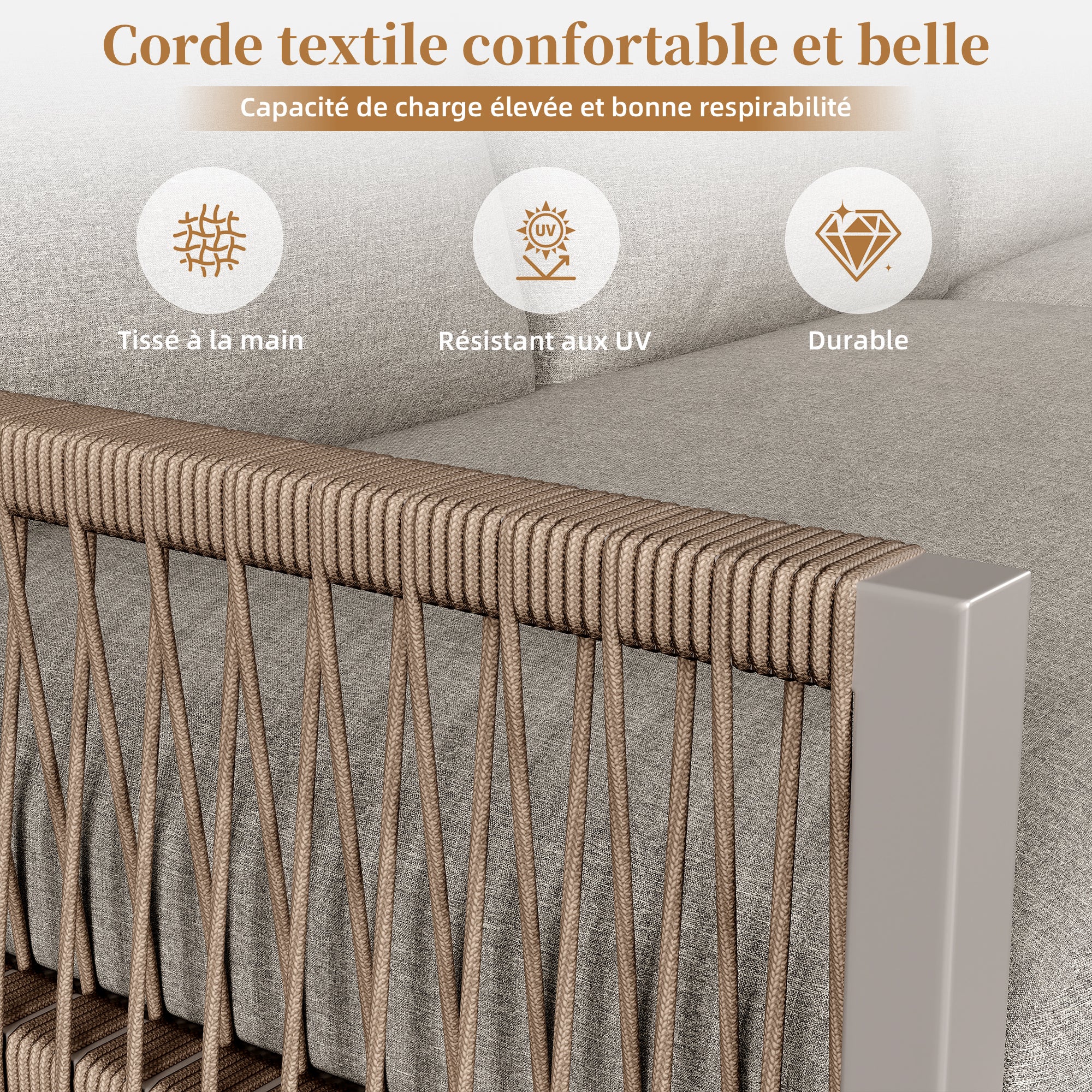 Salón de jardín, conjunto de muebles para 6-7 personas, sofá de esquina - en hierro galvanizado, patas ajustables, 2 mesas nido, beige - 6