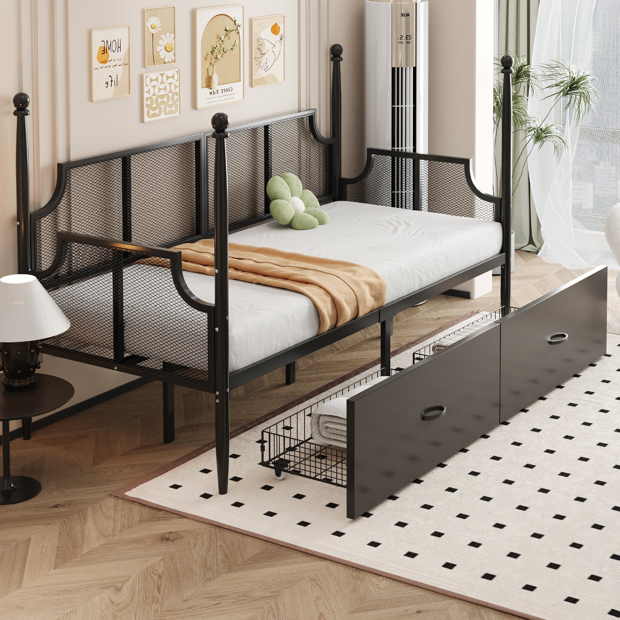 Sofa rozkładana z kutego żelaza 90x200 cm - Z 2 szufladami - Metalowa konstrukcja - Ze schowkiem - Czarny