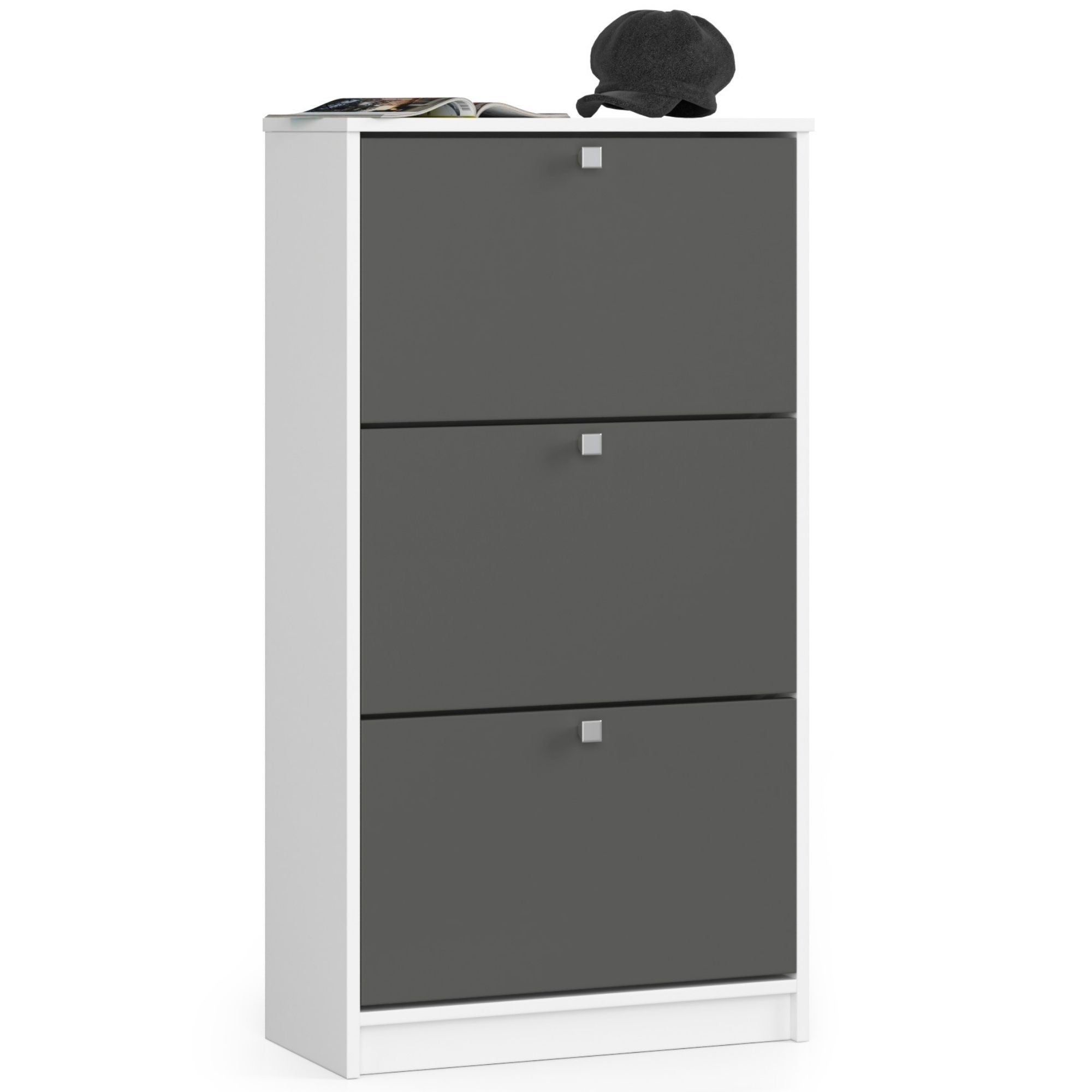 Szafka na buty AKORD Biała 60 cm 3 drzwi kolor Grafit Szary mat 3 półki 60x28,5x113 cm