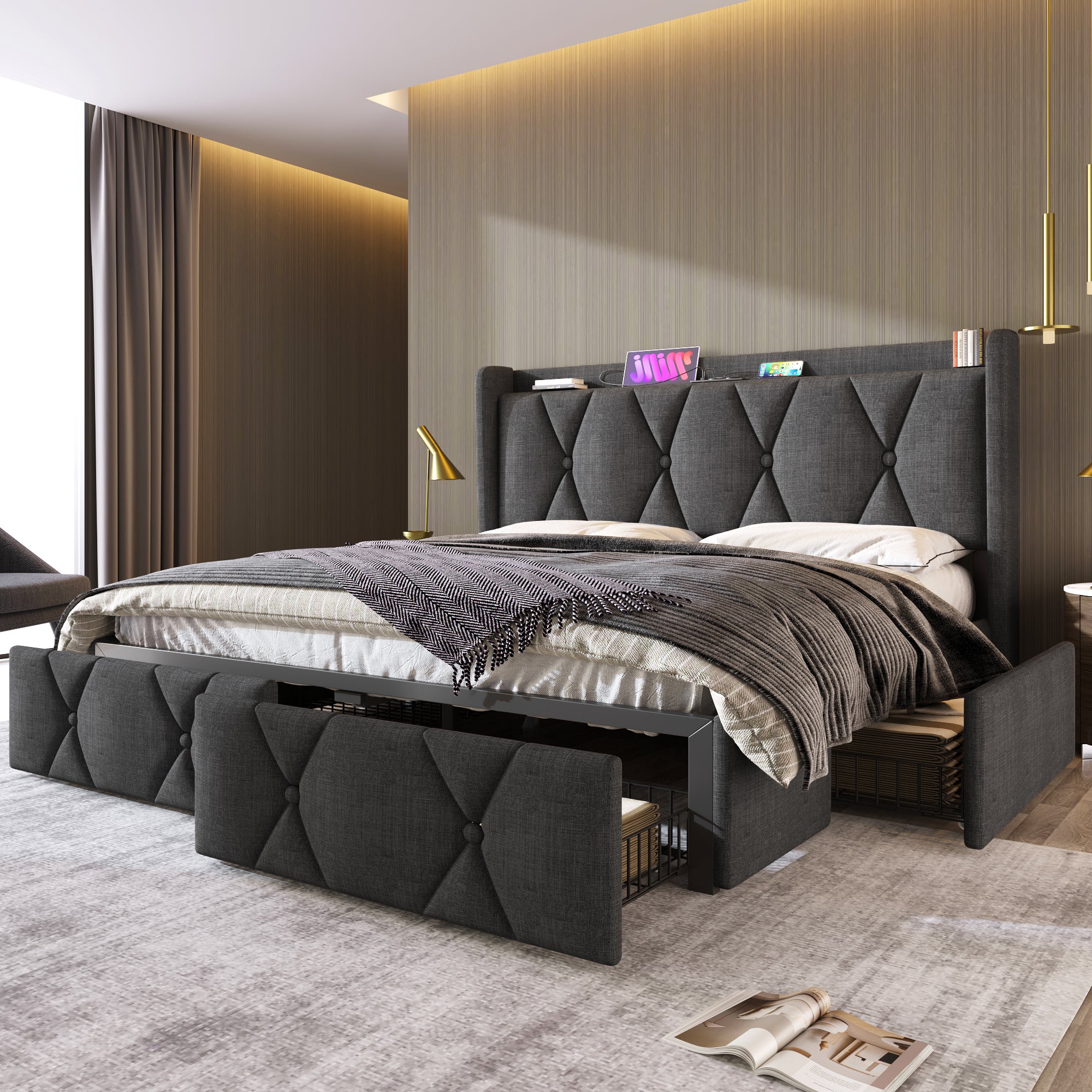 Letto Contenitore Binaurale Con Testiera Regolabile - 140 X 200 Cm Pelle Pu Led E Usb Rete A Doghe Grigio 92185499