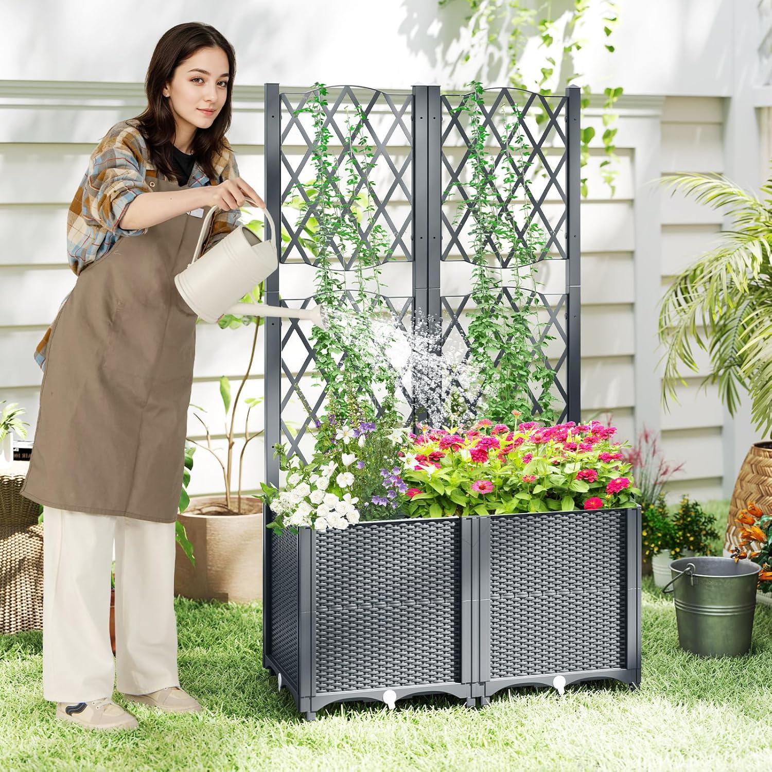 Jardinière avec Treillis sur Pied, Double Bac de Plantation Auto-arrosage en Rotin PP avec Trou de Drainage, Fleurs, Gris, 80 x 40 x 140 cm - 2