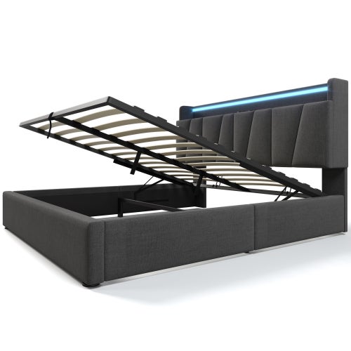 Letto Matrimoniale 140x200 Cm Con Luci LED RGB, Prese USB, Cassetti E Ripiani, Testiera Imbottita In Lino, Struttura In Metallo - 2