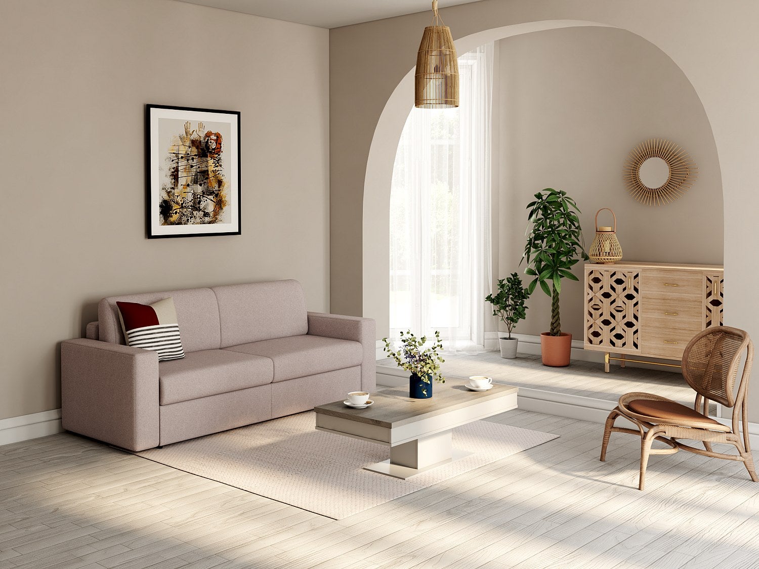 Table basse ASTULIA - avec rangements - Blanc - Plateau effet chêne - 5