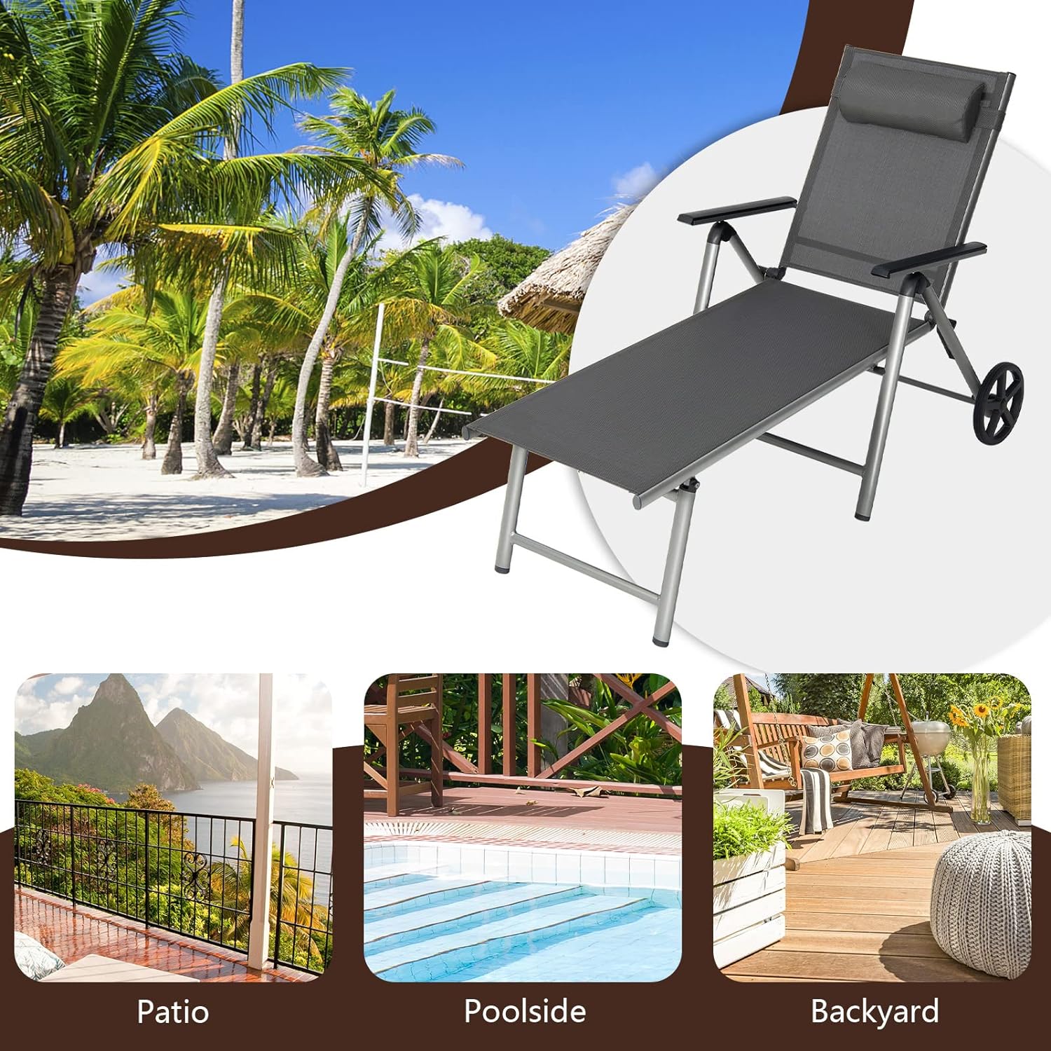 Chaise Longue Pliable de Jardin avec roulettes, Transat Inclinable en Aluminium avec Dossier Réglable à 7 Niveaux & Appui-tête Amovible,Terrasse - 7