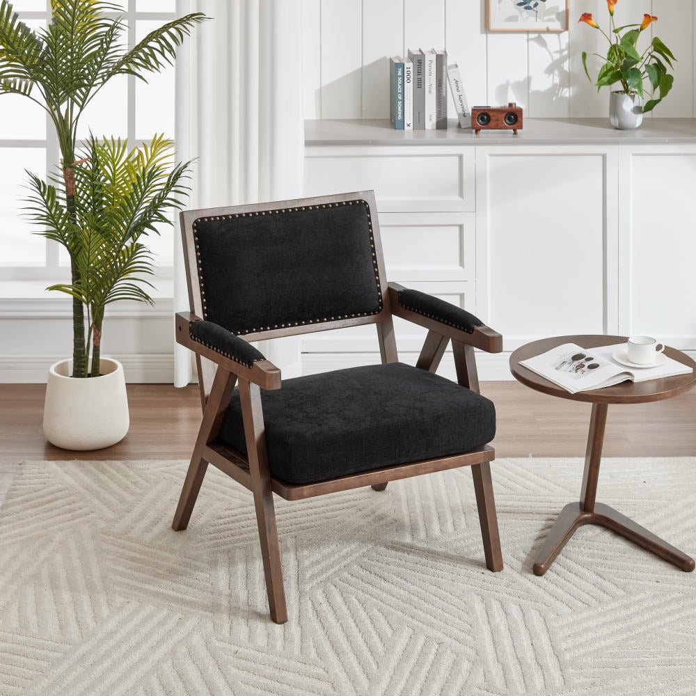 Fauteuil Lounge Tissu Moderne Mid-Century avec Accoudoirs et Cadre Bois pour Salon, Chambre, Bureau - 9