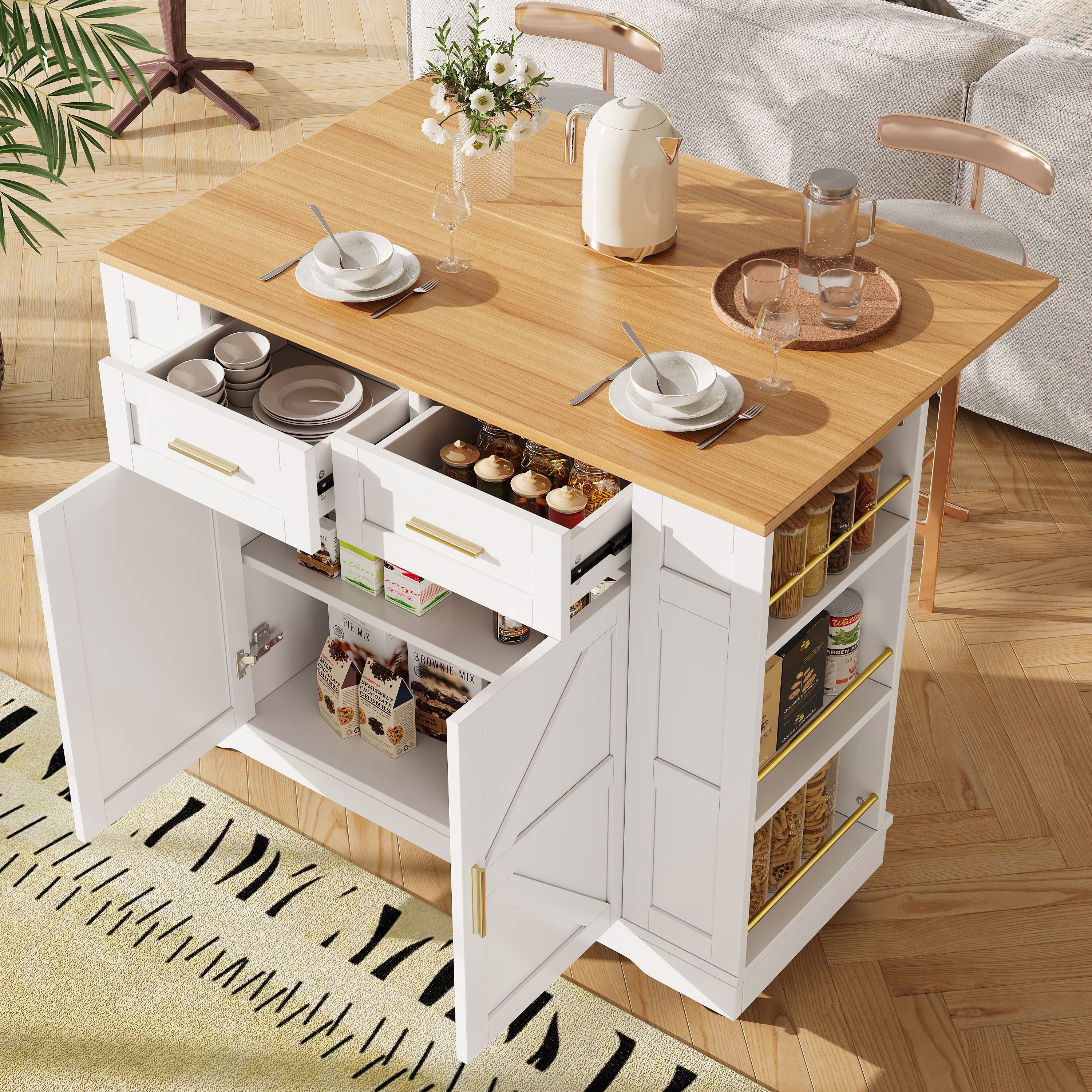 Îlot De Cuisine Multifonction - 110x75x92cm, Pliable, Avec Rangements - Meuble Buffet, Table à Manger Extensible - 8