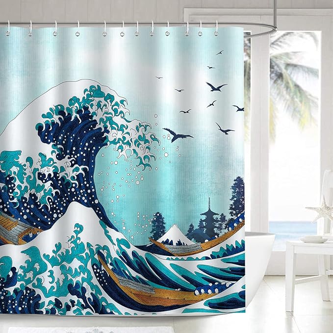 Zasłona prysznicowa Kanagawa Wave 180 x 180 cm, zmywalna, z poliestru, zasłona do wanny, zasłona łazienkowa z haczykami do wanny