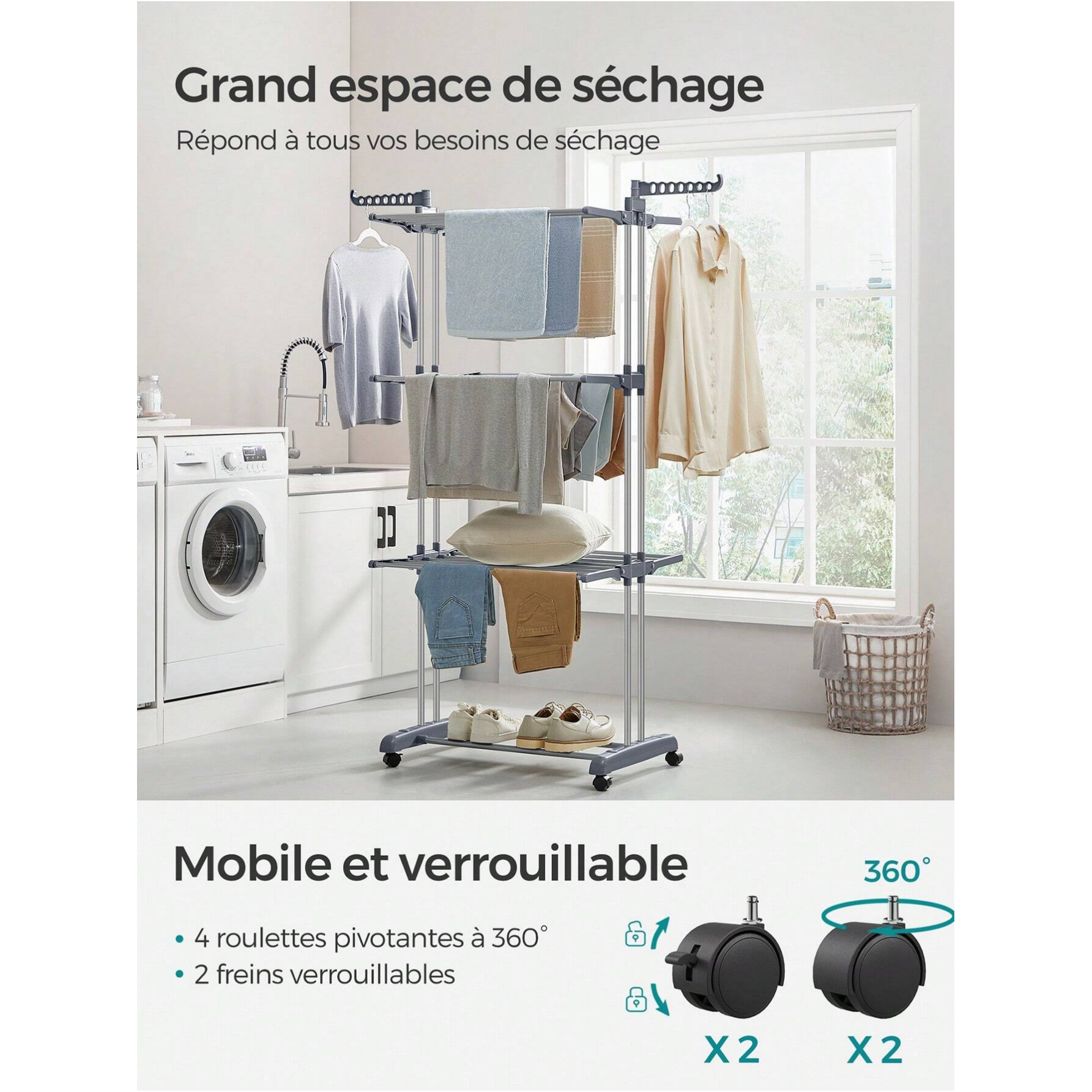 Étendoir à Linge,Séchoir Mobile à 4 Niveaux,avec Roulettes,Pliable,63,5 x 128 x 173 cm,Montage Facile, Utilisation Intérieure et Extérieure,Gris - 6