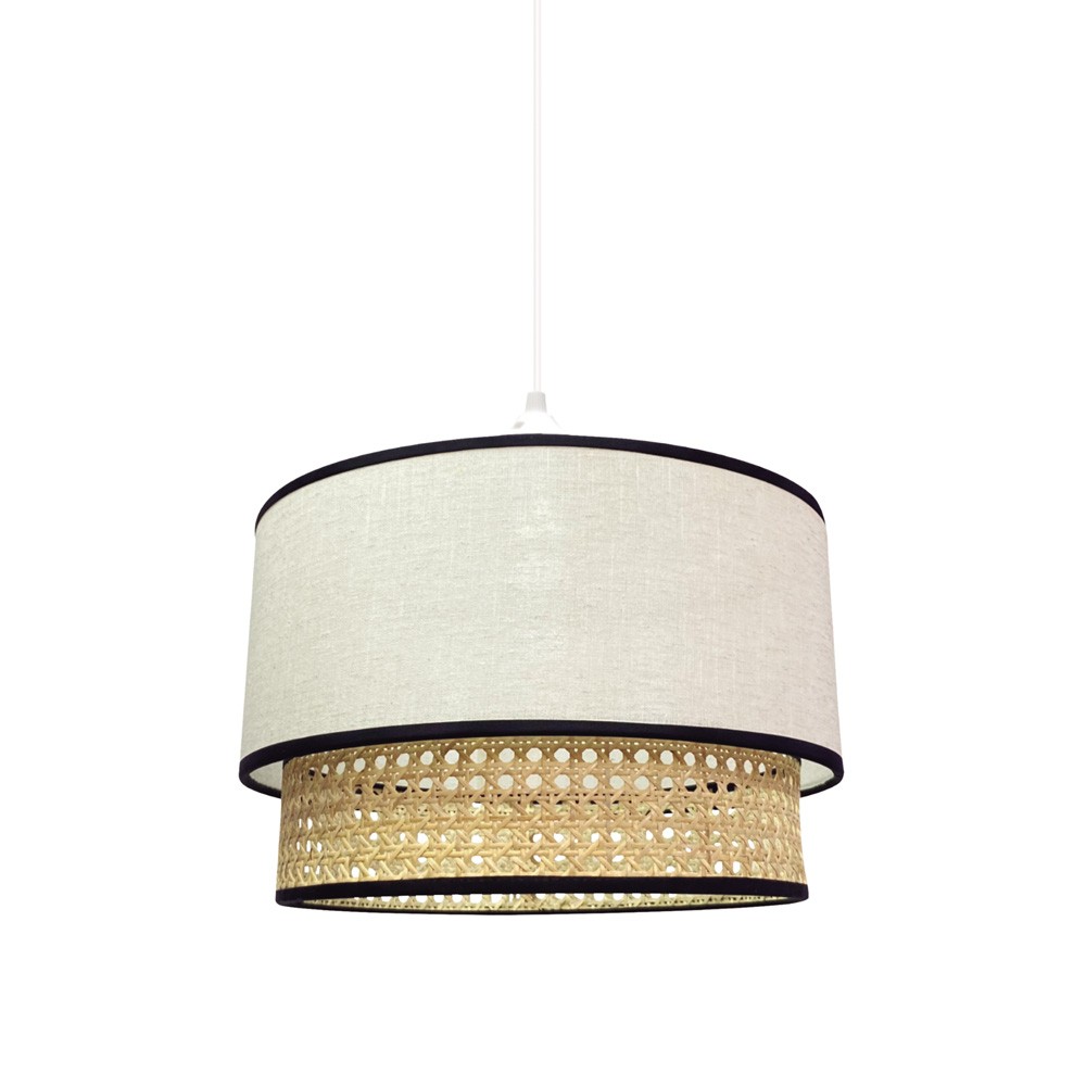 Lampa wisząca Batana z podwójnym abażurem o regulowanej wysokości z białego lnu i naturalnej rafii z kratką ø40 cm